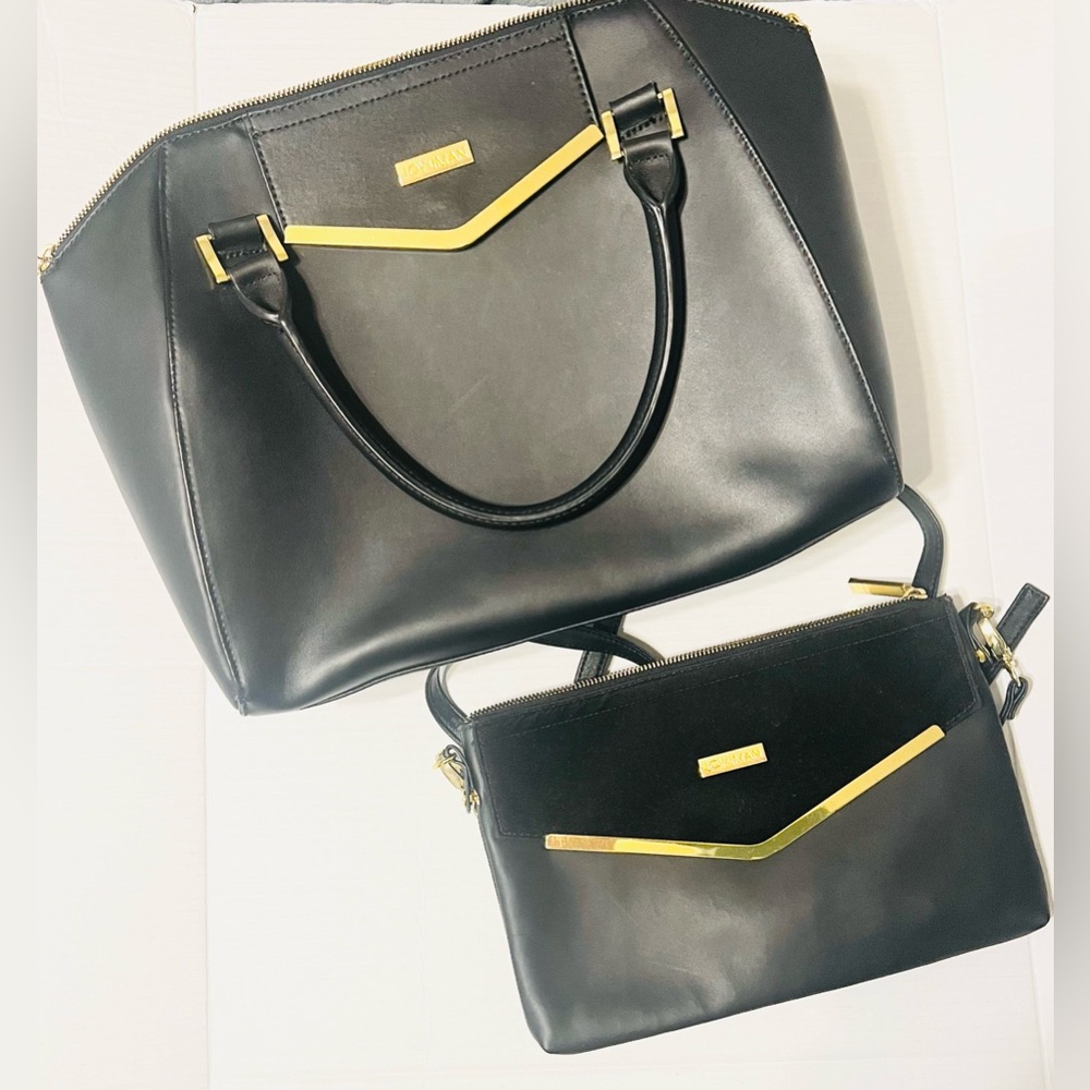 Joy & Iman Couture Leather Tote & Satchel in black with gold-tone hardware